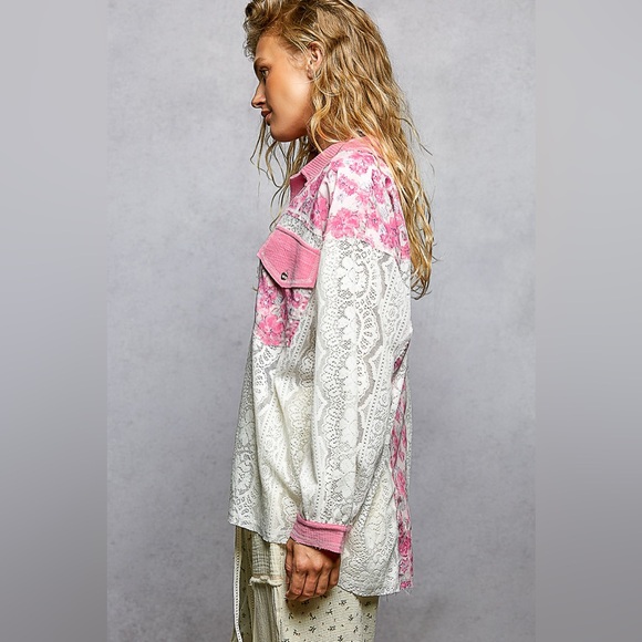 POL Floral Print Long Sleeve Lace Shirt with Front Pocket🆕 - Picture 5 of 6